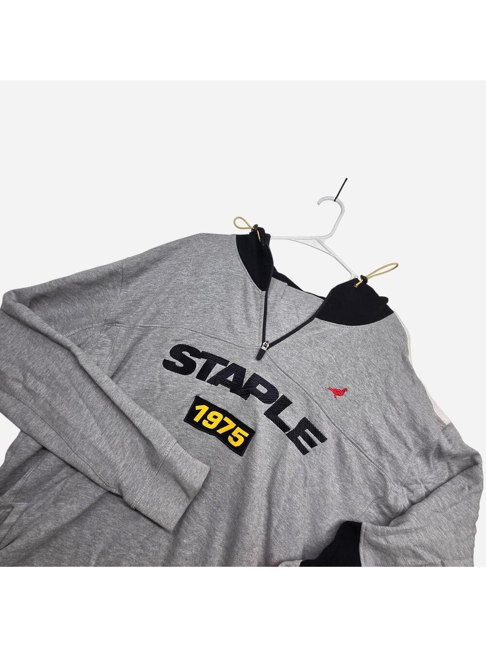 Staple 1975 gray sweatshirt with black/red accents and matching sweatpants